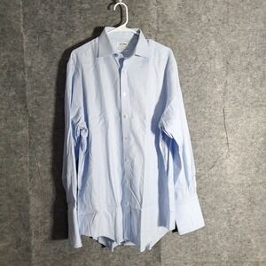 TM Lewin Dress Shirt Mens 17.5 Light Blue Check Non Iron Regular Fit Classic Pro